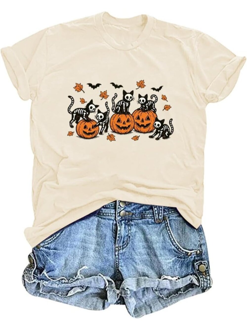 🆕 Women's Beige Skeleton Cats Pumpkin Halloween Graphic Tee Short Sleeve Shirt